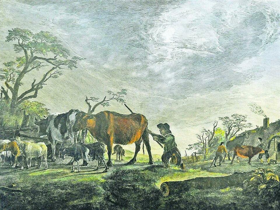 «Апрель». Питер Нолле с оригинала П. Поттера. Голландия, 1640-е годы. Цветной офорт.