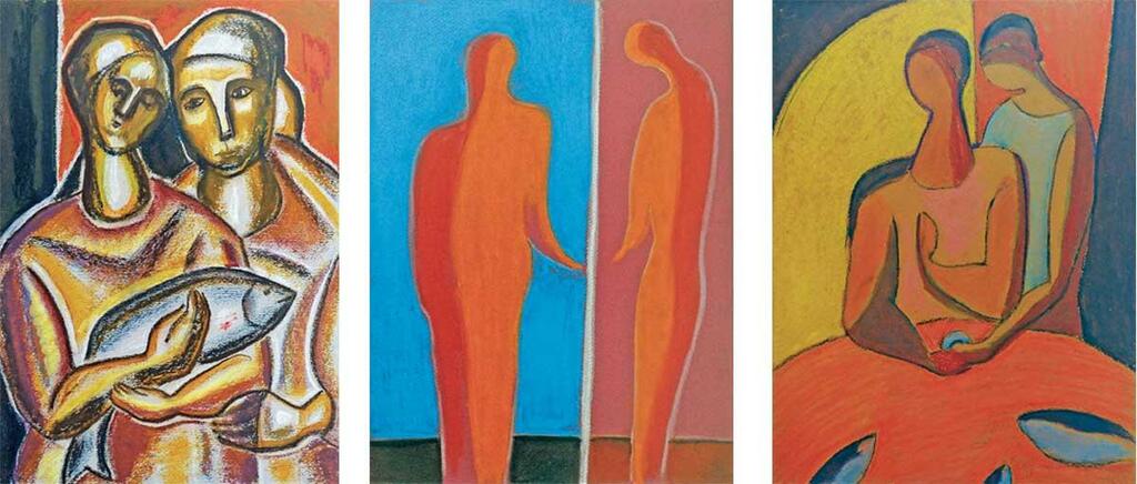 &laquo;Двое&raquo;. Бумага, масляная пастель, 2009 г.; &laquo;На одной плоскости&raquo;. Бумага, масляная пастель, 2010 г.; &laquo;На кухне&raquo;. Бумага, масляная пастель, 2011 г.