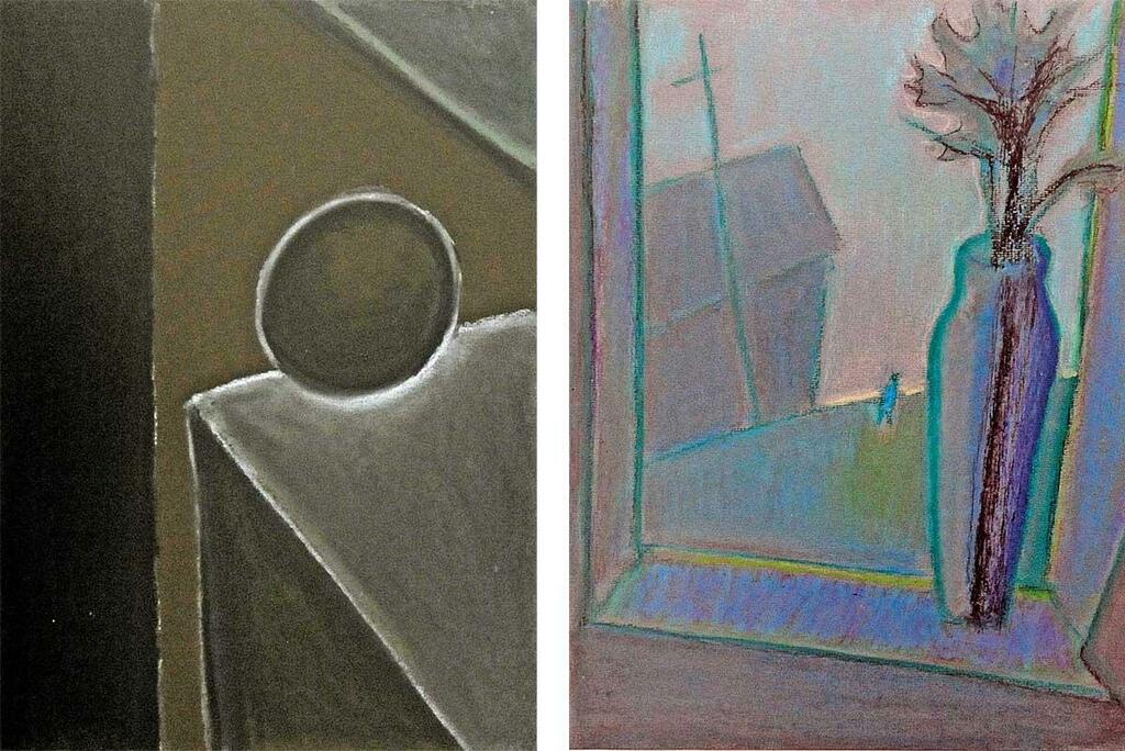 &laquo;На краю стола&raquo;. Бумага, масляная пастель, 2016 г.; &laquo;Пейзаж за окном&raquo;. Бумага, масляная пастель, 2010 г.