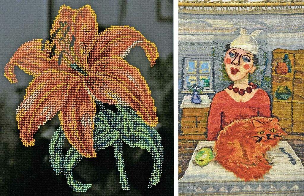 Наталия Мацина. &laquo;Тигровая лилия&raquo;. Канва, бисер, вышивка крестом; Марина Ширяева. &laquo;Жизнь с котом&raquo;. Шерстяная, п/шерстяная, хлопковая и льняная нить, ткачество на раме.