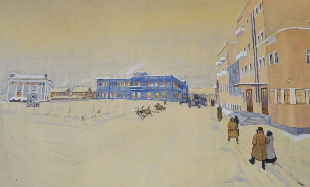Елены Дмитриевой. Слева на дальнем плане - памятник Жертвам интервенции 1918-1920 гг. и здание ТПО (ныне областной художественный музей), справа - гостиница «Арктика», принявшая первых постояльцев в 1933 году.