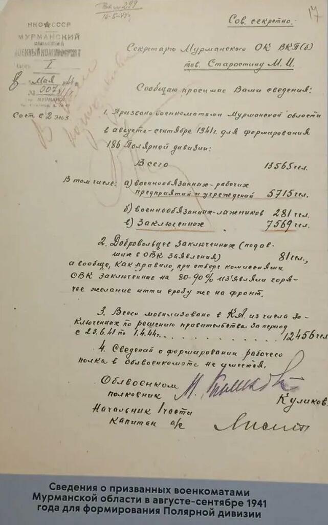 из фондов областного краеведческого музея Документ о составе и численности Поляной дивизии, хранящийся в фондах областного краеведческого музея